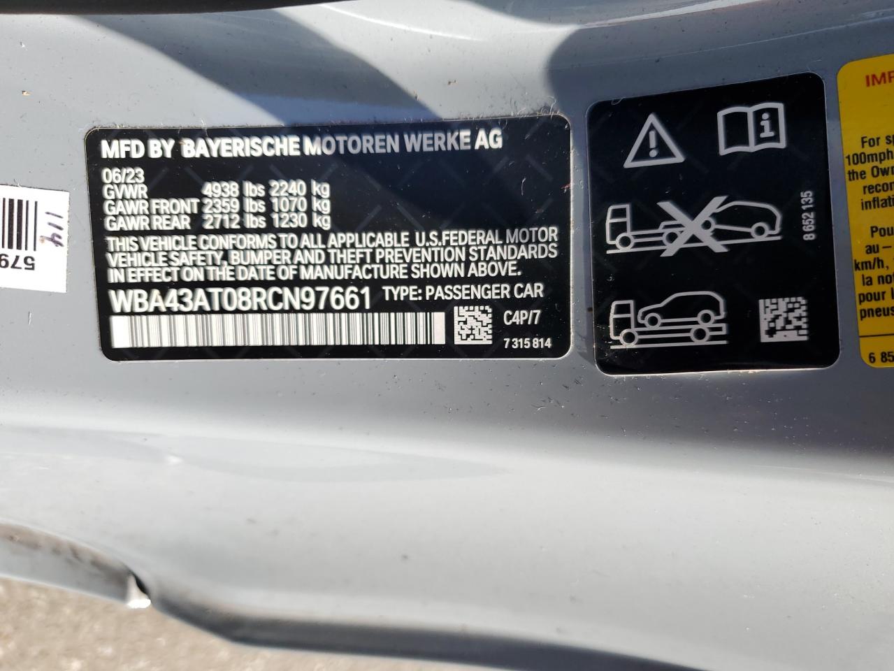 2024 BMW 430XI VIN:WBA43AT08RCN97661