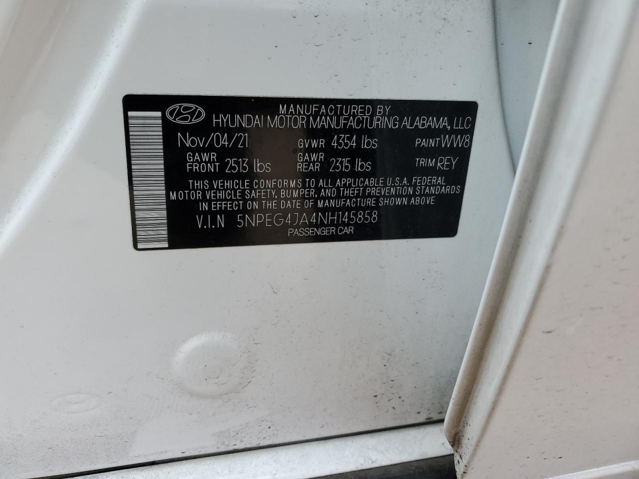 2022 HYUNDAI SONATA SE VIN:5NPEG4JA4NH145858