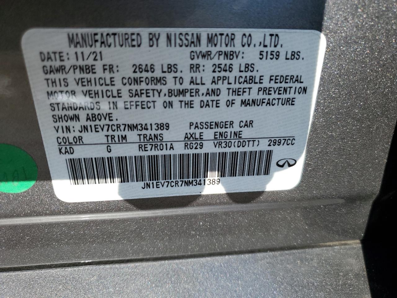 2022 INFINITI Q50 SENSORY VIN:JN1EV7CR7NM341389