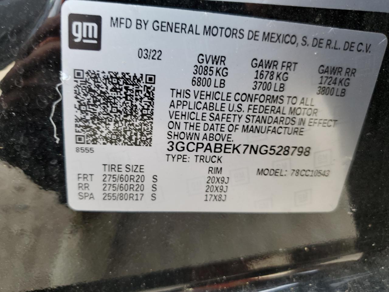 2022 CHEVROLET SILVERADO C1500 CUSTOM VIN:3GCPABEK7NG528798