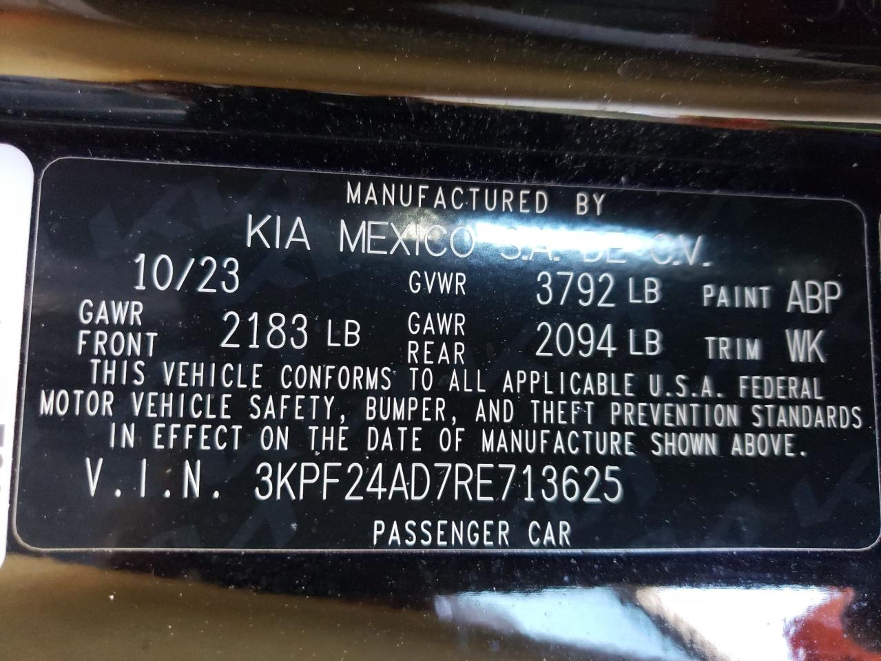 2024 KIA FORTE LX VIN:3KPF24AD7RE713625