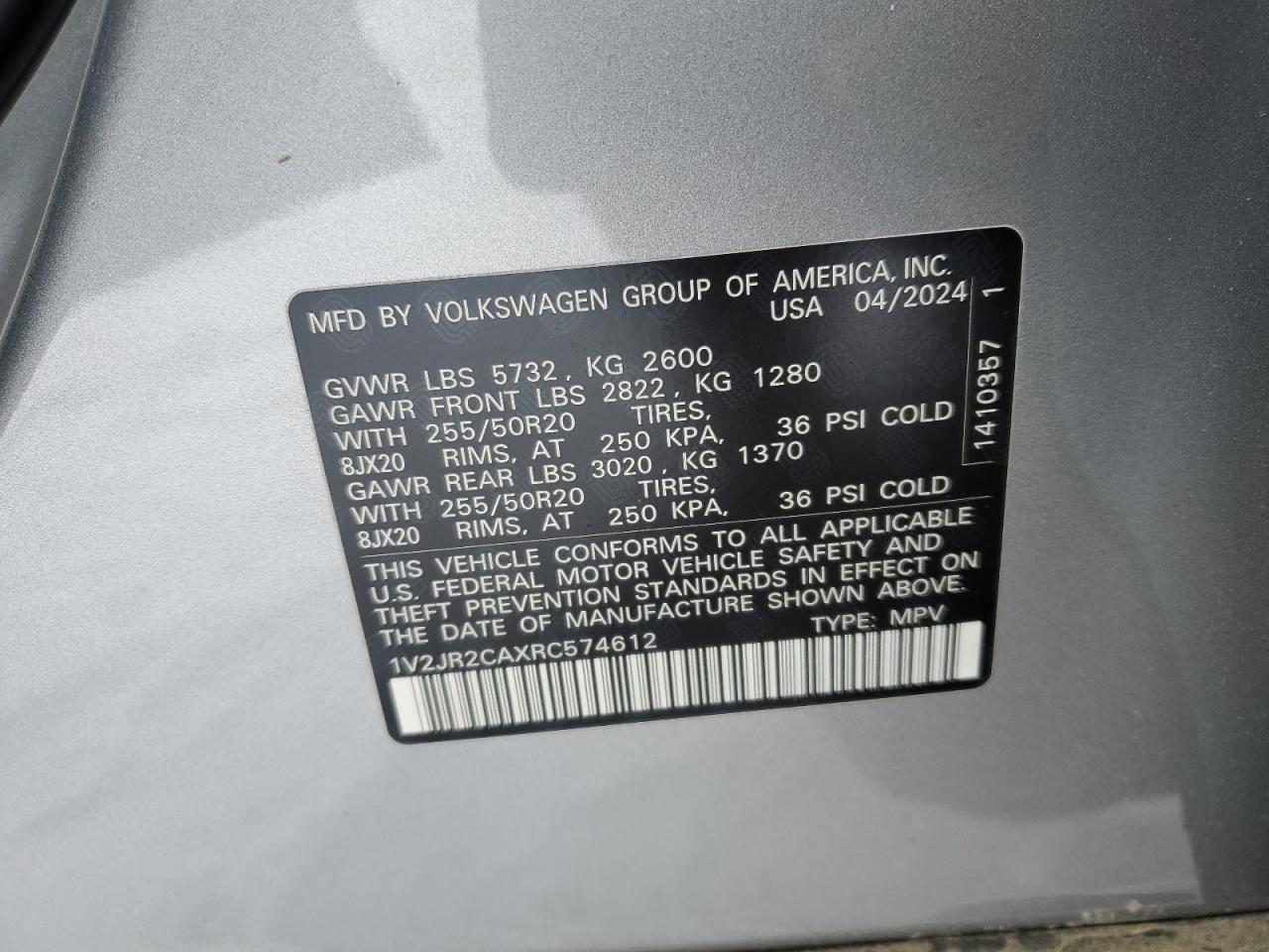 2024 VOLKSWAGEN ATLAS SE VIN:1V2JR2CAXRC574612