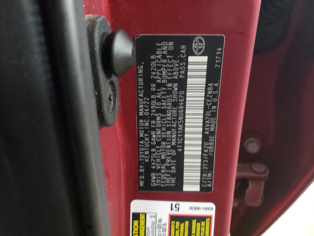 2022 TOYOTA CAMRY LE VIN:4T1C11AK5NU684670