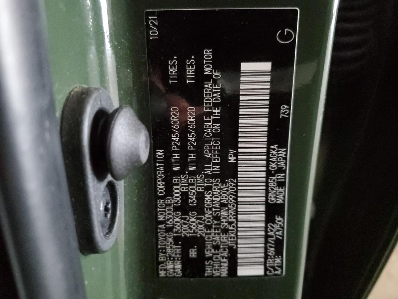 2022 TOYOTA 4RUNNER LIMITED VIN:JTEKU5JR9N5997092