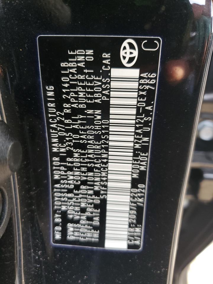 2022 TOYOTA COROLLA SE VIN:5YFS4MCE4NP125110