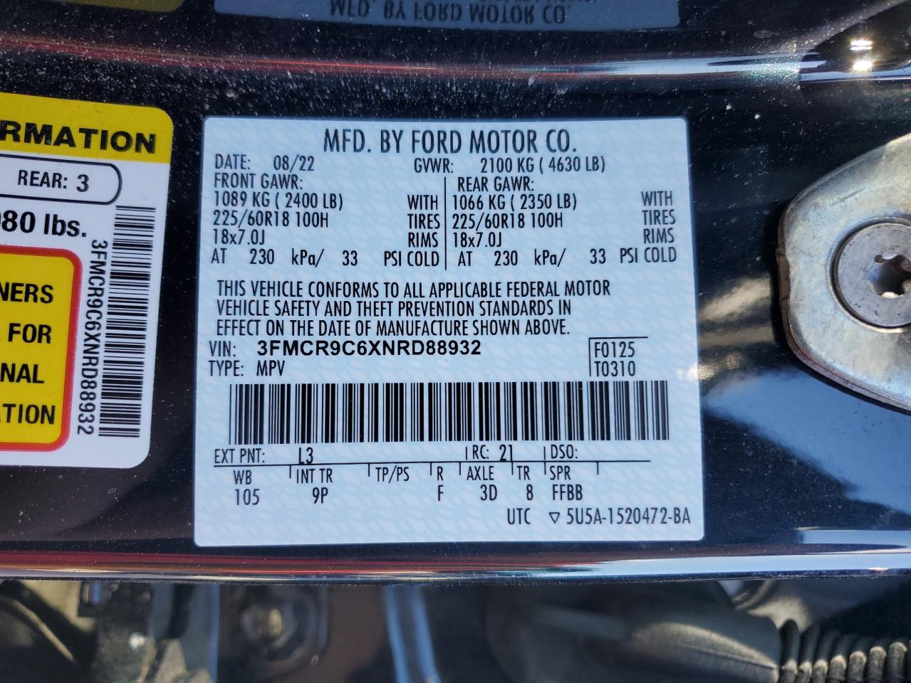 2022 FORD BRONCO SPORT OUTER BANKS VIN:3FMCR9C6XNRD88932