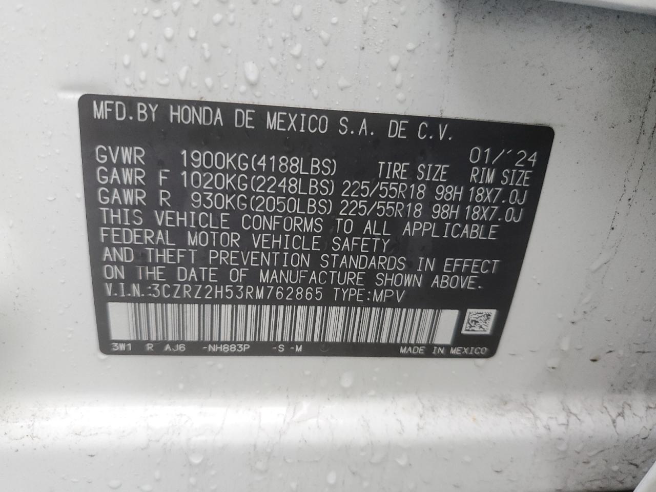 2024 HONDA HR-V SPORT VIN:3CZRZ2H53RM762865