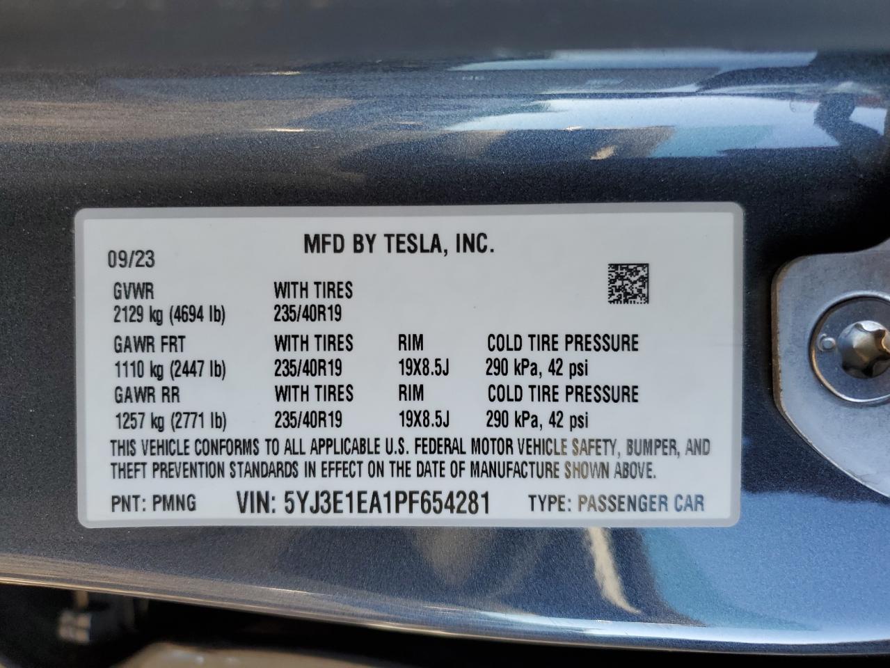 2023 TESLA MODEL 3 VIN:5YJ3E1EA1PF654281