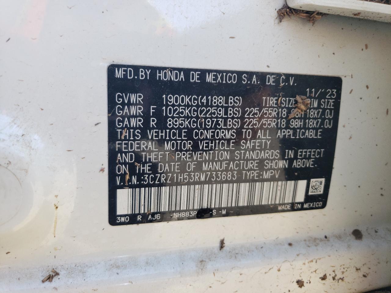 2024 HONDA HR-V SPORT VIN:3CZRZ1H53RM733683