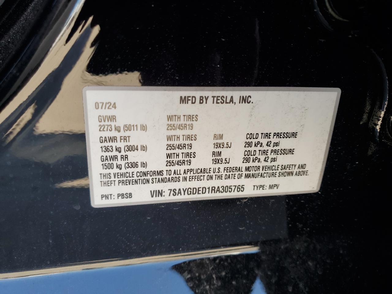 2024 TESLA MODEL Y VIN:7SAYGDED1RA305765