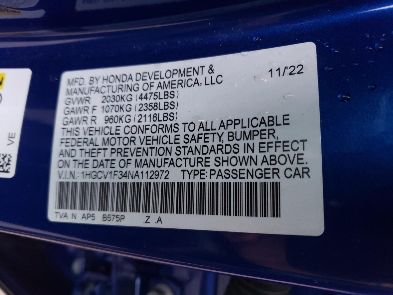 2022 HONDA ACCORD SPORT VIN:1HGCV1F34NA112972