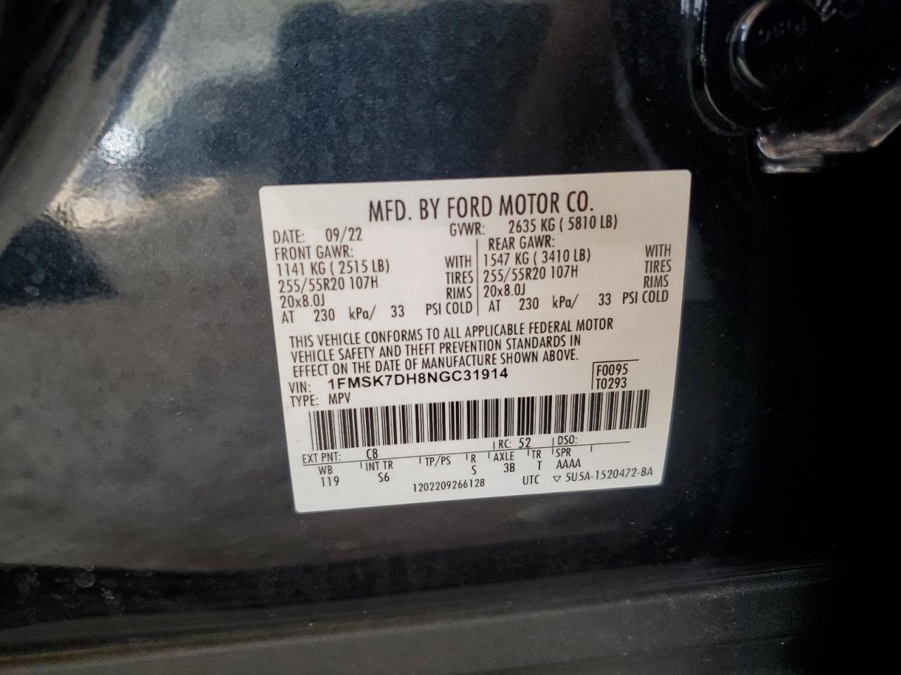 2022 FORD EXPLORER XLT VIN:1FMSK7DH8NGC31914