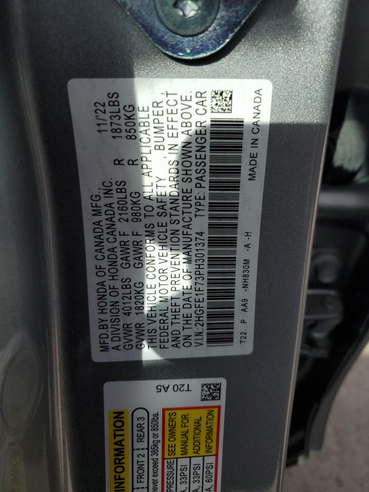 2023 HONDA CIVIC EX VIN:2HGFE1F73PH301374
