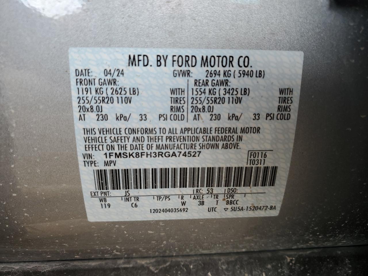 2024 FORD EXPLORER LIMITED VIN:1FMSK8FH3RGA74527