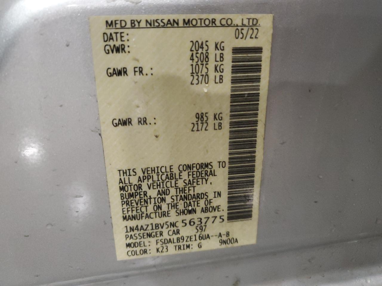 2022 NISSAN LEAF S VIN:1N4AZ1BV5NC563775