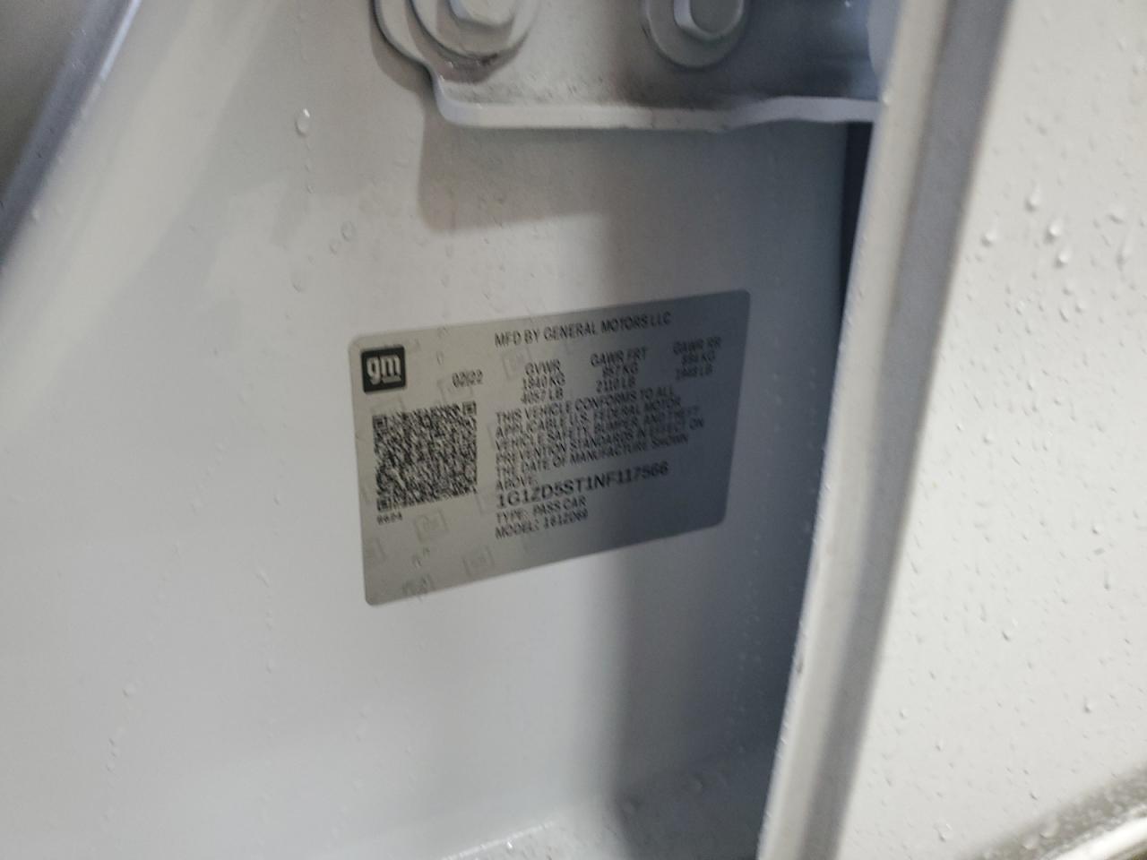 2022 CHEVROLET MALIBU LT VIN:1G1ZD5ST1NF117566