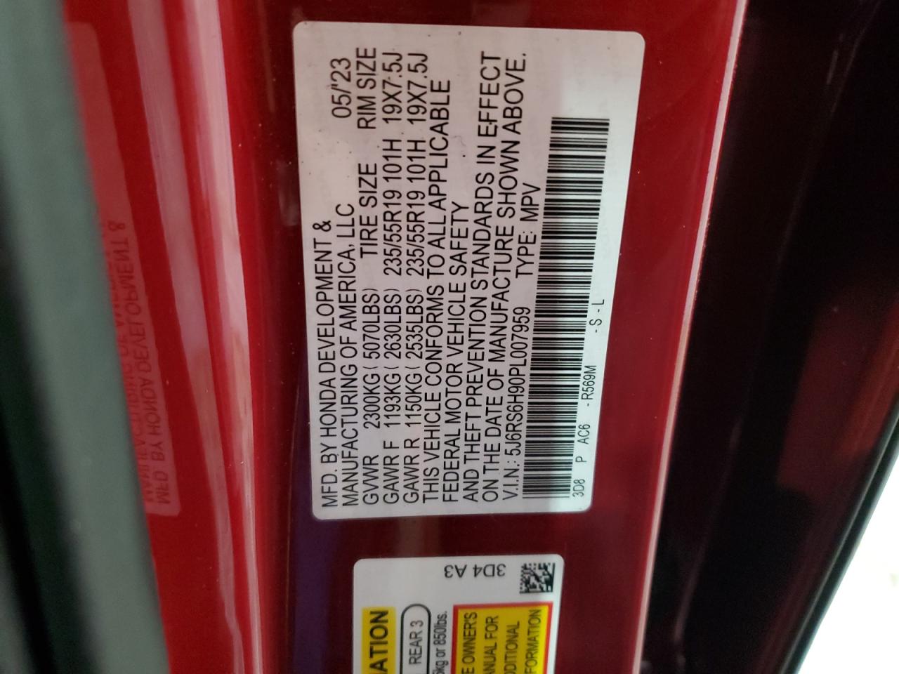 2023 HONDA CR-V SPORT TOURING VIN:5J6RS6H90PL007959