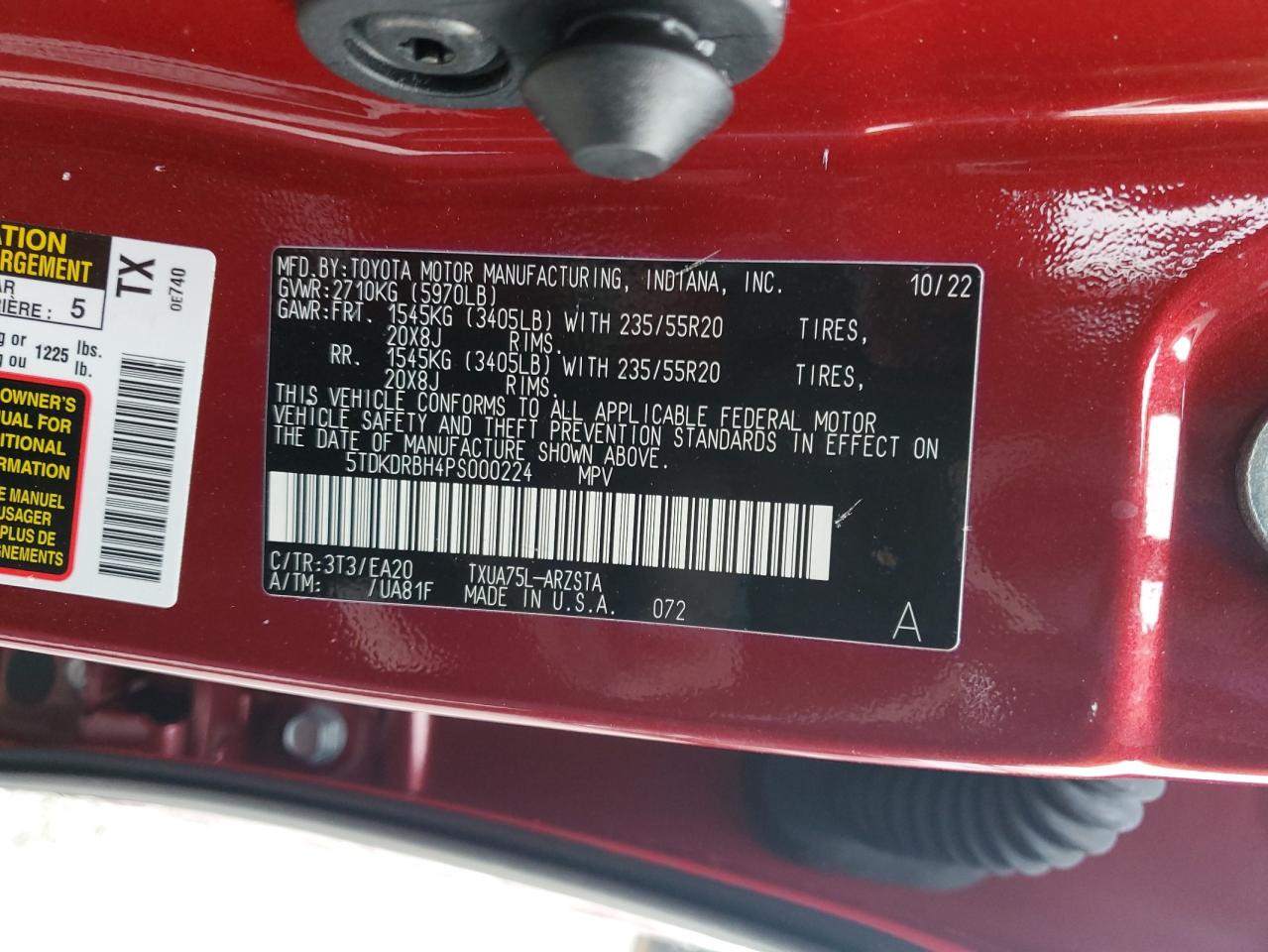 2023 TOYOTA HIGHLANDER L VIN:5TDKDRBH4PS000224