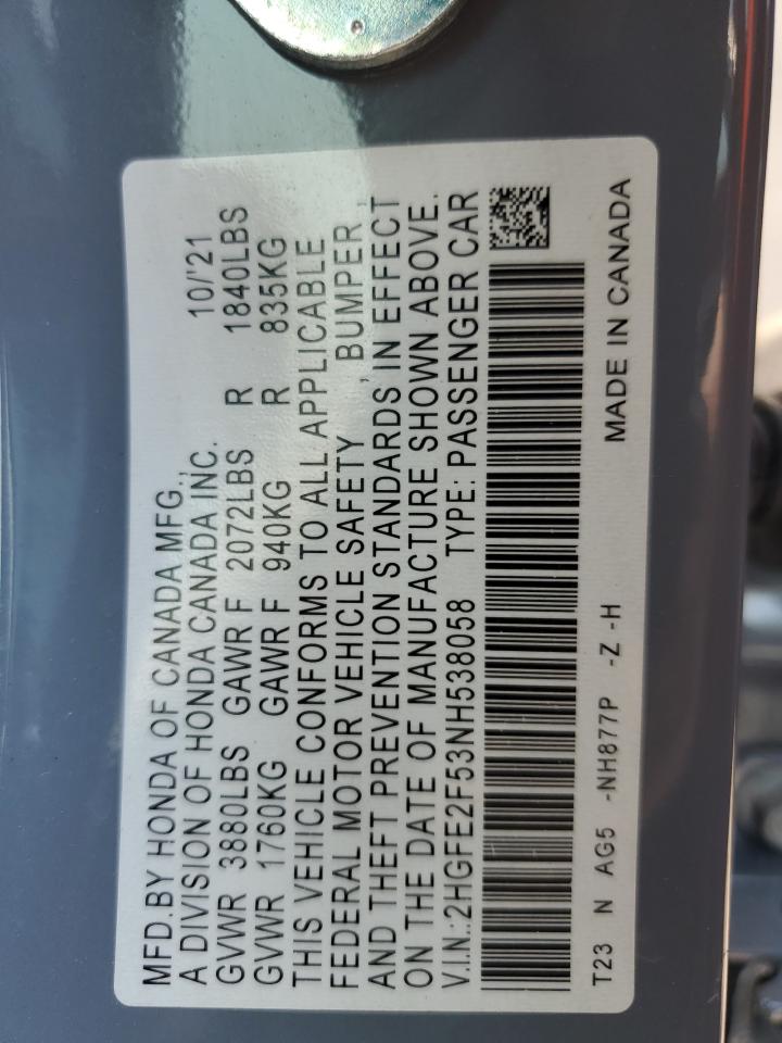2022 HONDA CIVIC SPORT VIN:2HGFE2F53NH538058