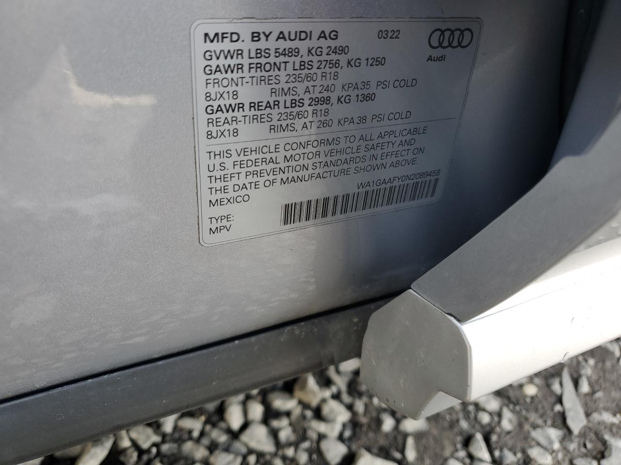 2022 AUDI Q5 PREMIUM 45 VIN:WA1GAAFY0N2089458