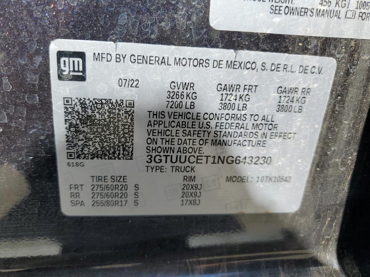 2022 GMC SIERRA K1500 ELEVATION VIN:3GTUUCET1NG643230