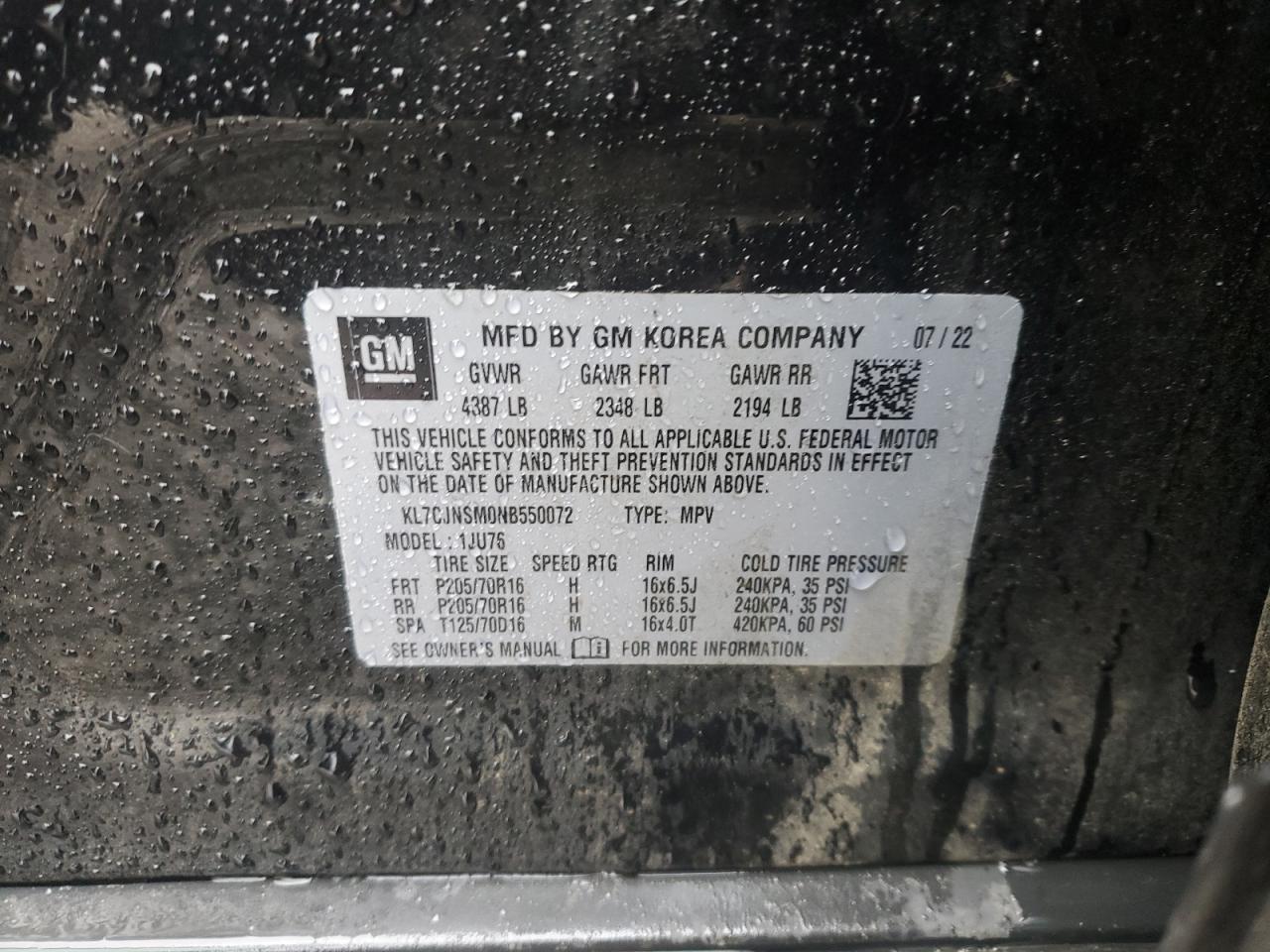 2022 CHEVROLET TRAX LS VIN:KL7CJNSM0NB550072