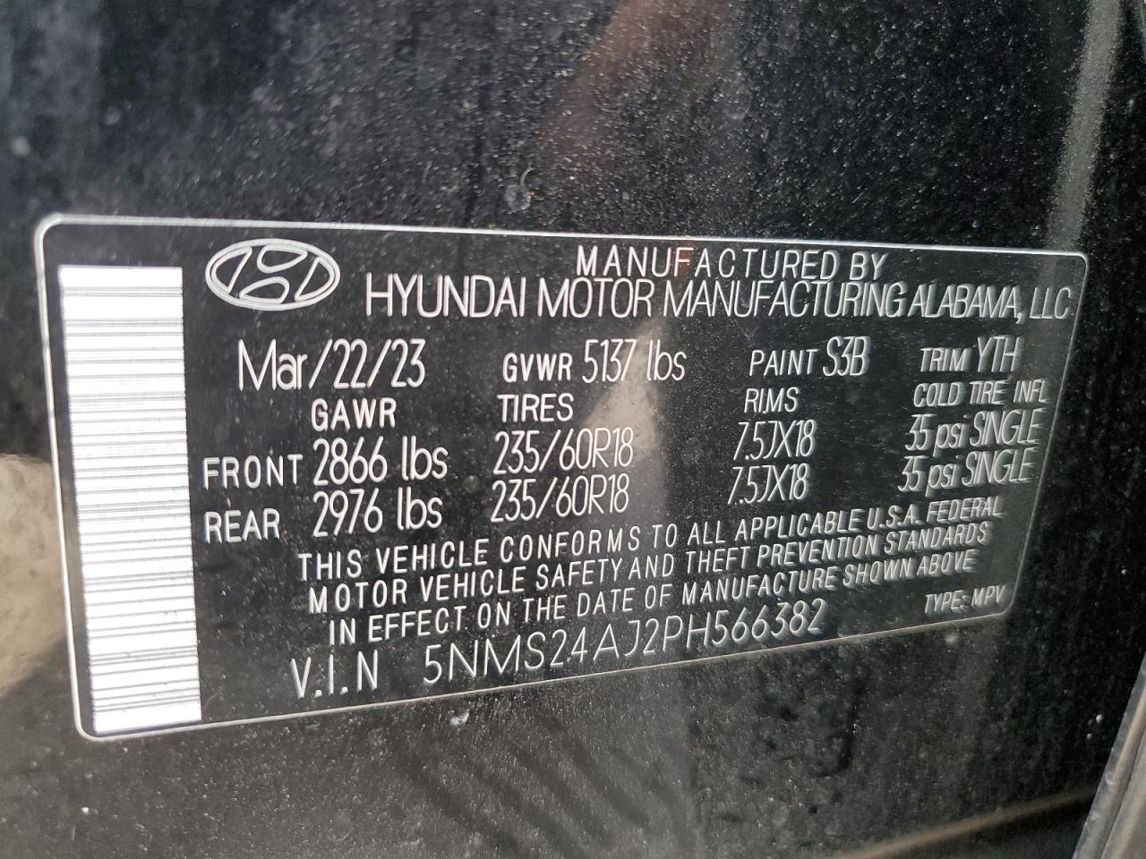 2023 HYUNDAI SANTA FE SEL VIN:5NMS24AJ2PH566382