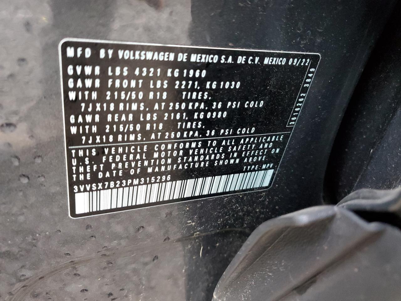 2023 VOLKSWAGEN TAOS SE VIN:WB10418A8XZC66699