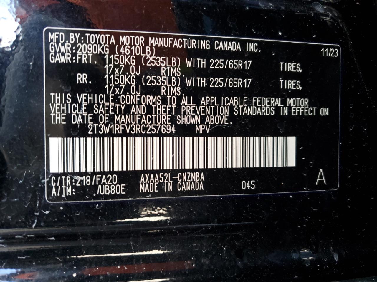 2024 TOYOTA RAV4 XLE VIN:2T3W1RFV3RC257694