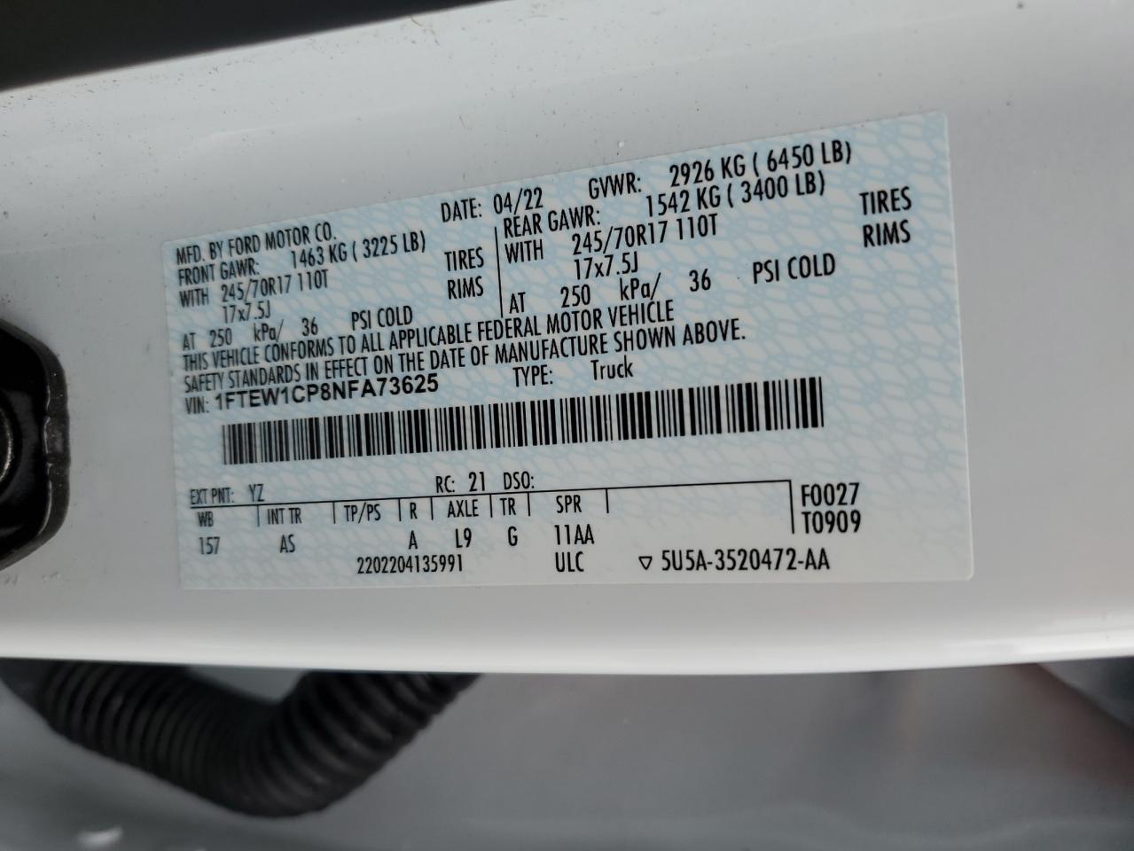 2022 FORD F150 SUPERCREW VIN:1FTEW1CP8NFA73625