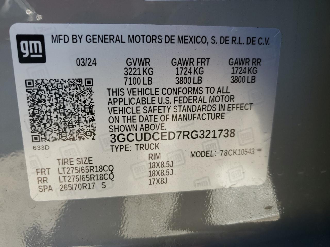 2024 CHEVROLET SILVERADO K1500 TRAIL BOSS CUSTOM VIN:3GCUDCED7RG321738