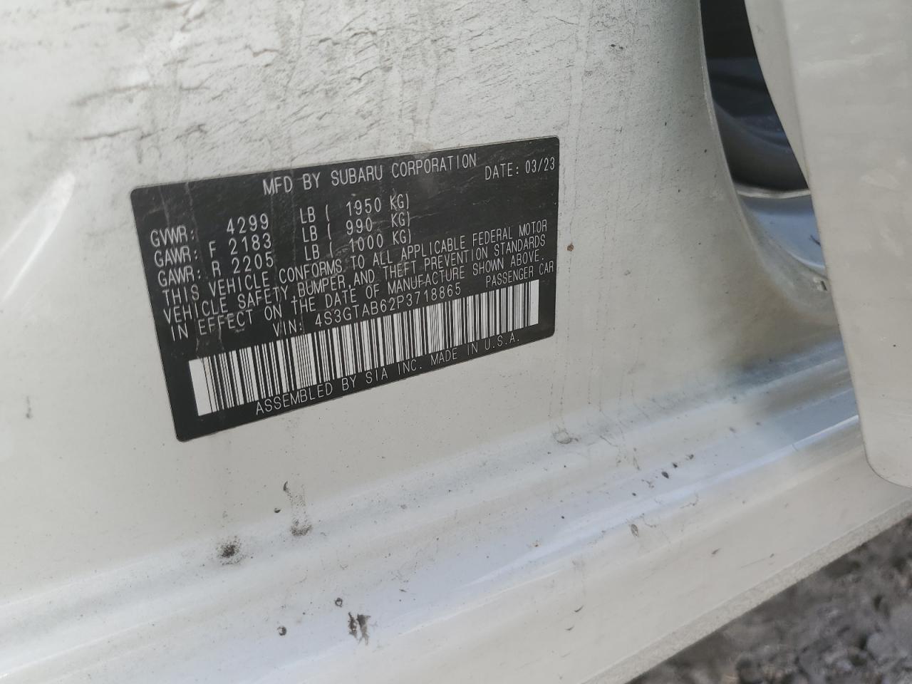 2023 SUBARU IMPREZA VIN:4S3GTAB62P3718865