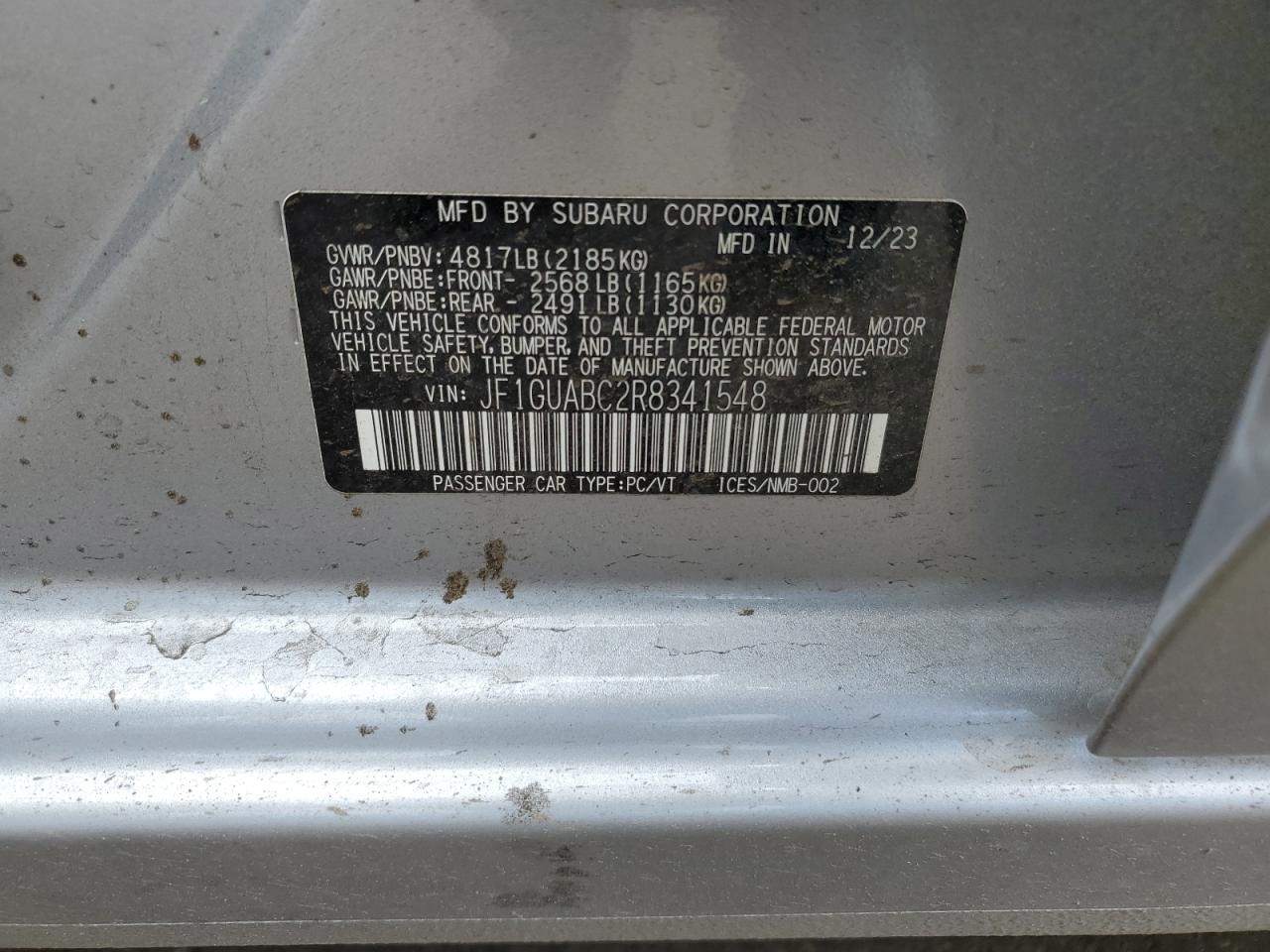 2024 SUBARU IMPREZA VIN:JF1GUABC2R8341548