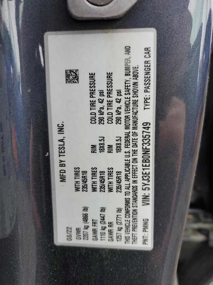 2022 TESLA MODEL 3 VIN:5YJ3E1EB0NF335749
