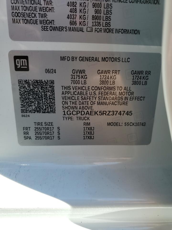 2024 CHEVROLET SILVERADO K1500 VIN:1GCPDAEK5RZ374745