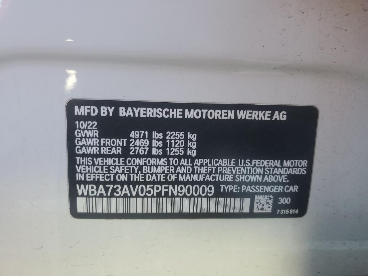 2023 BMW 430XI GRAN COUPE VIN:WBA73AV05PFN90009