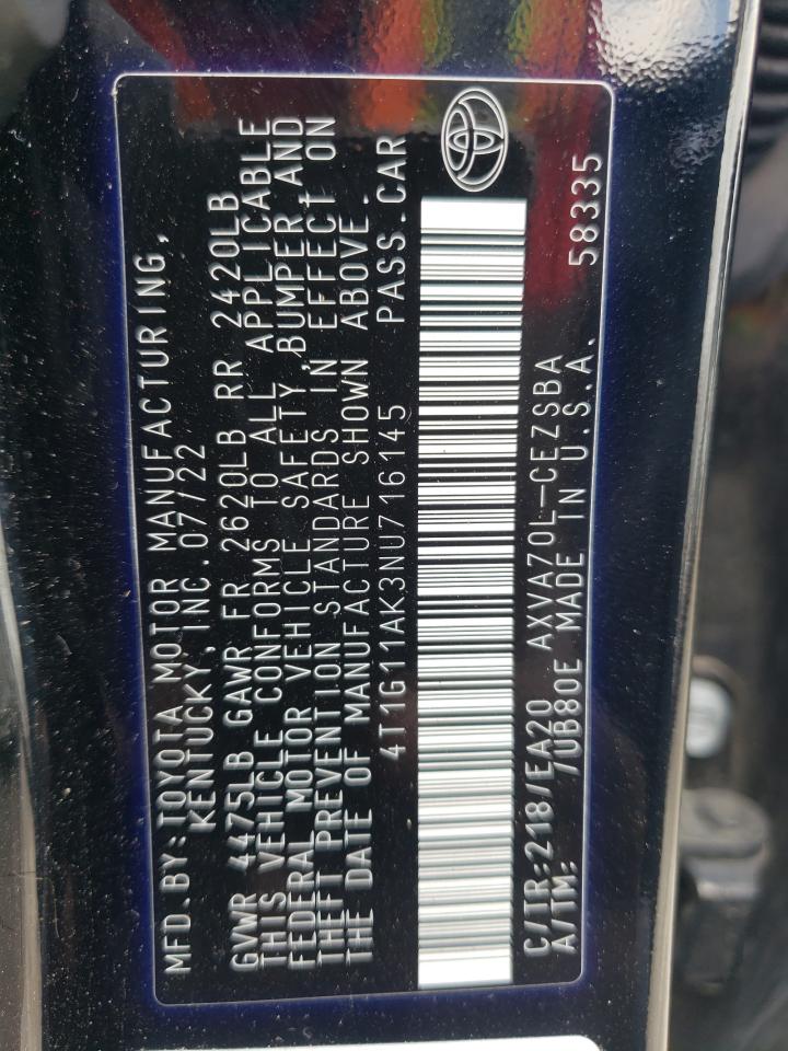 2022 TOYOTA CAMRY SE VIN:4T1G11AK3NU716145