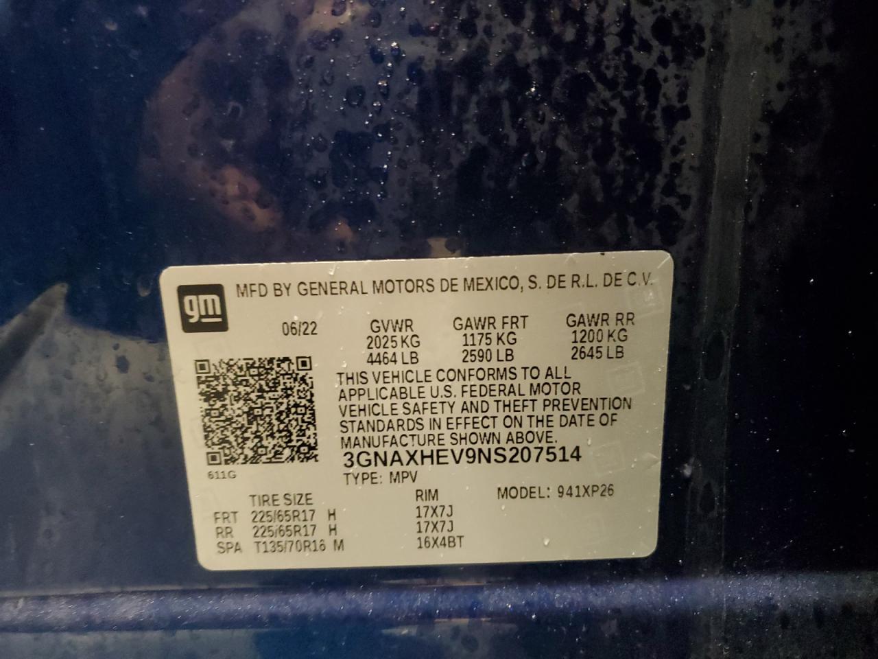 2022 CHEVROLET EQUINOX LS VIN:3GNAXHEV9NS207514