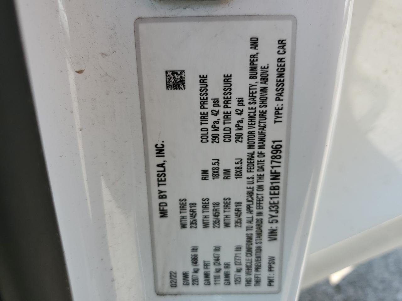 2022 TESLA MODEL 3 VIN:5YJ3E1EB1NF178961
