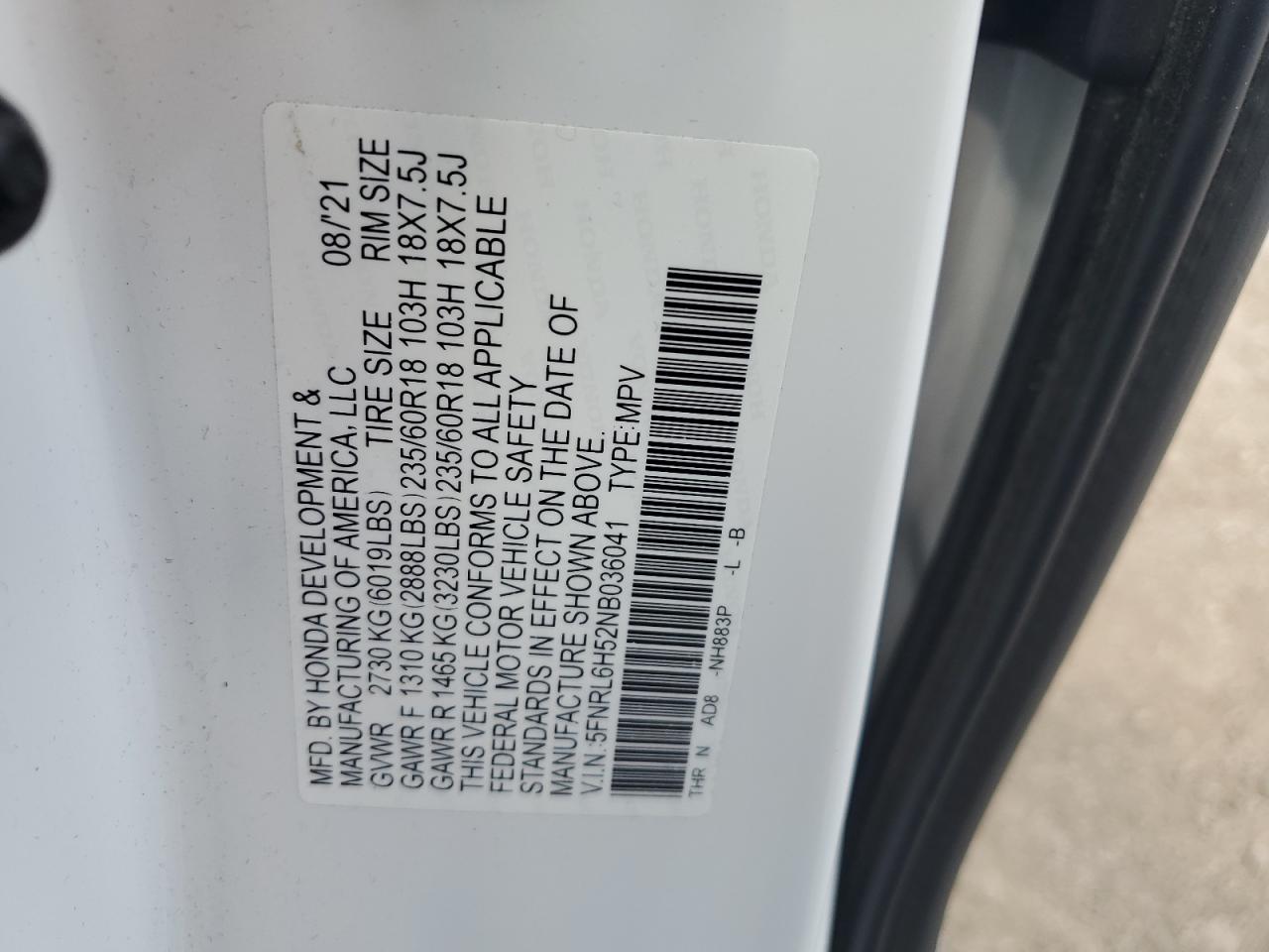 2022 HONDA ODYSSEY EX VIN:5FNRL6H52NB036041