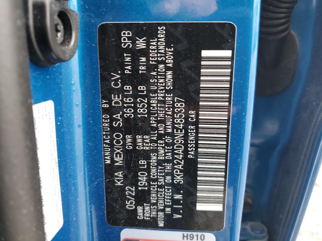 2022 KIA RIO LX VIN:3KPA24AD9NE485387