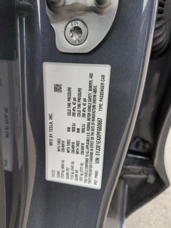 2023 TESLA MODEL 3 VIN:5YJ3E1EAXPF680667