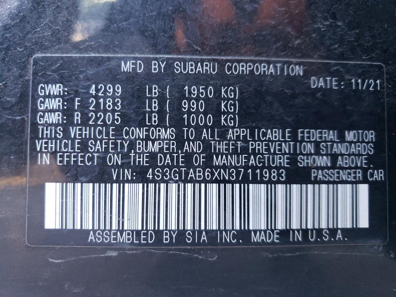 2022 SUBARU IMPREZA VIN:4S3GTAB6XN3711983