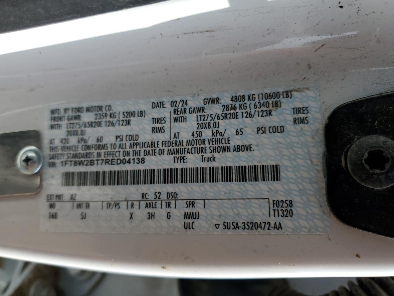 2024 FORD F250 SUPER DUTY VIN:1FT8W2BT7RED04138