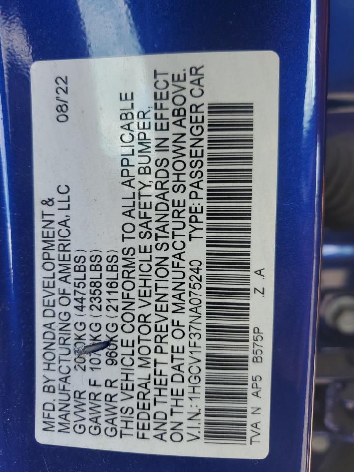 2022 HONDA ACCORD SPORT VIN:1HGCV1F37NA075240