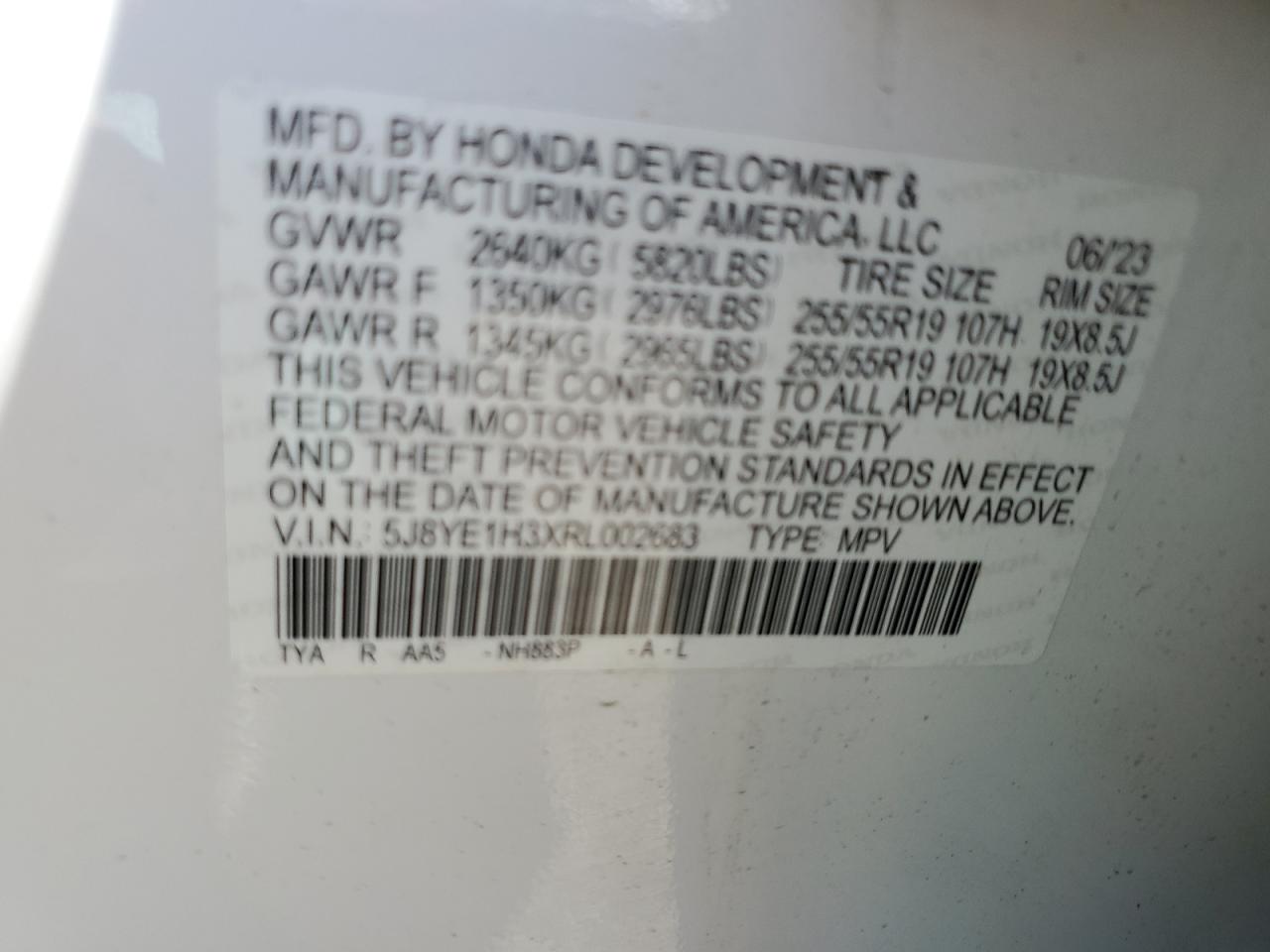 2024 ACURA MDX VIN:5J8YE1H3XRL002683