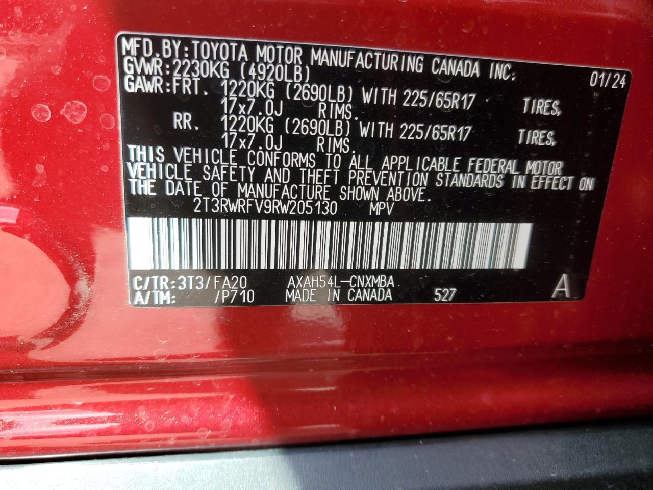 2024 TOYOTA RAV4 XLE VIN:2T3RWRFV9RW205130