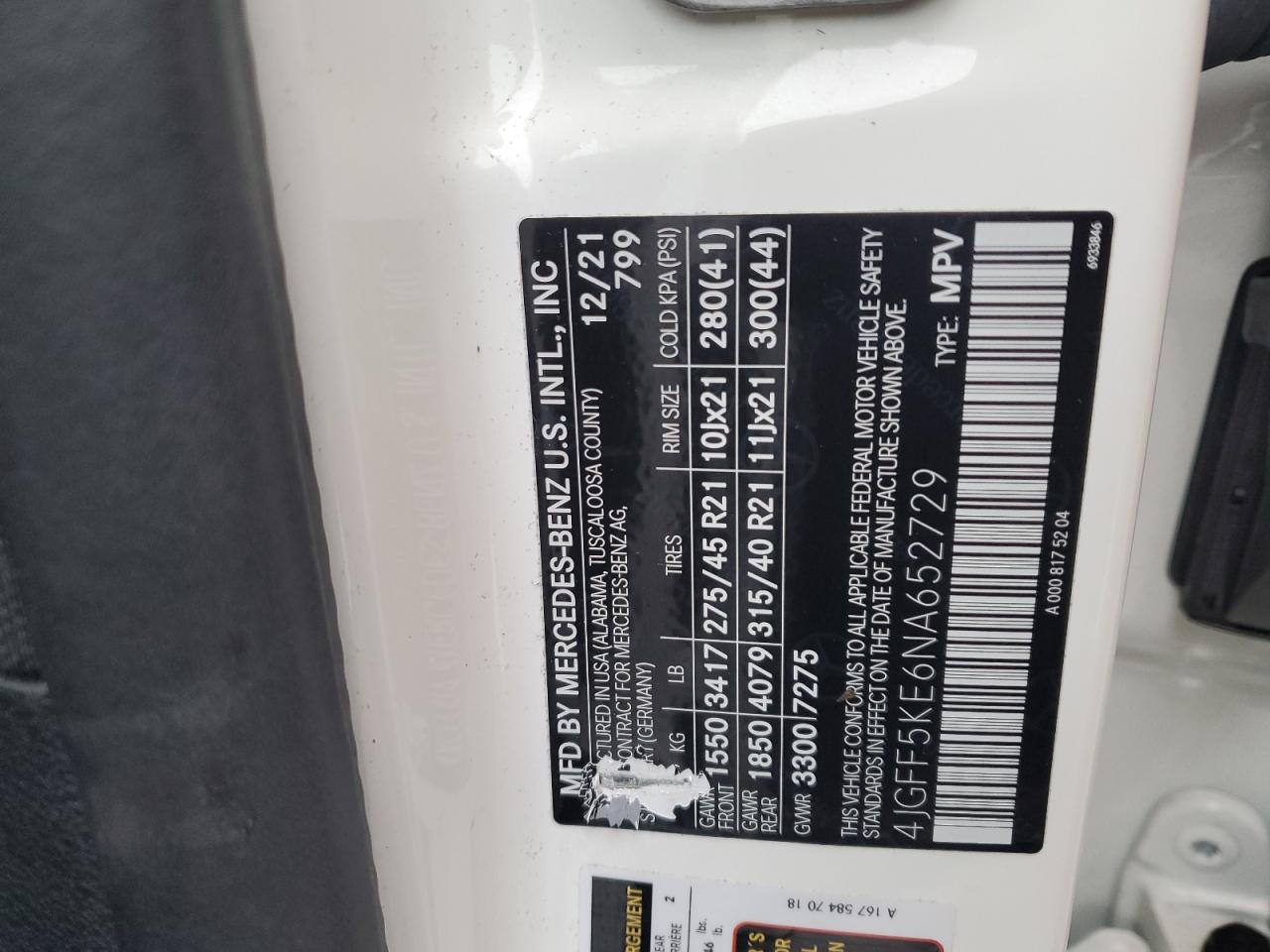 2022 MERCEDES-BENZ GLS 450 4MATIC VIN:4JGFF5KE6NA652729