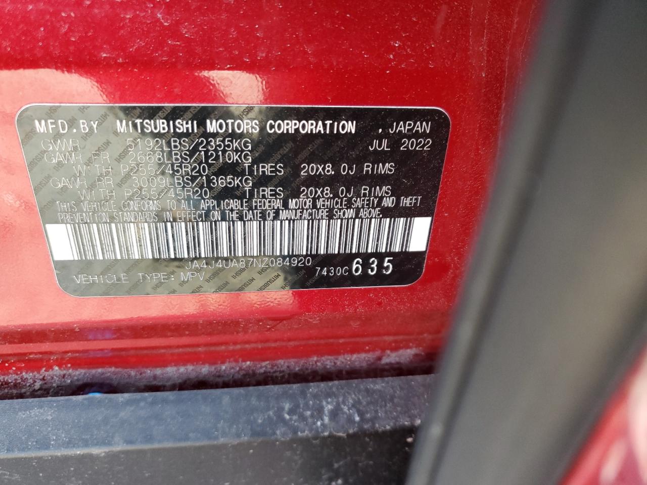 2022 MITSUBISHI OUTLANDER SE VIN:JA4J4UA87NZ084920