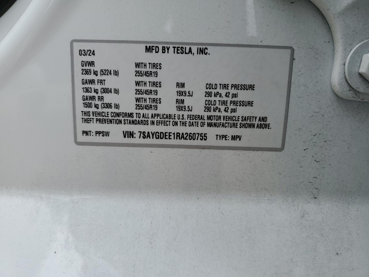 2024 TESLA MODEL Y VIN:7SAYGDEE1RA260755